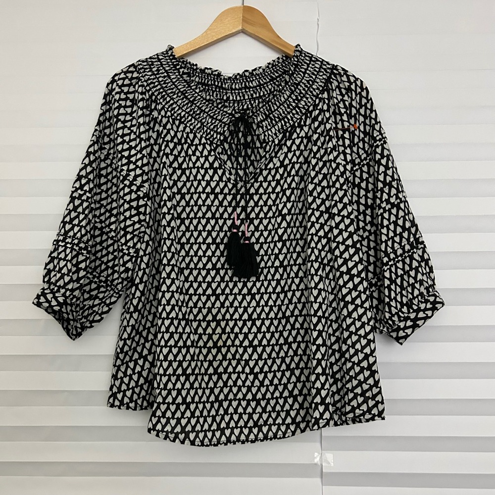 Ivy Jane Black White Heart Print Smocked Tassel Boho Blouse Top Womens SM Cotton